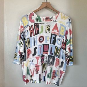 CHARLIE B • L XL Alphabet Print Abstract Letters Dolman V-Neck Knit Sweater Top